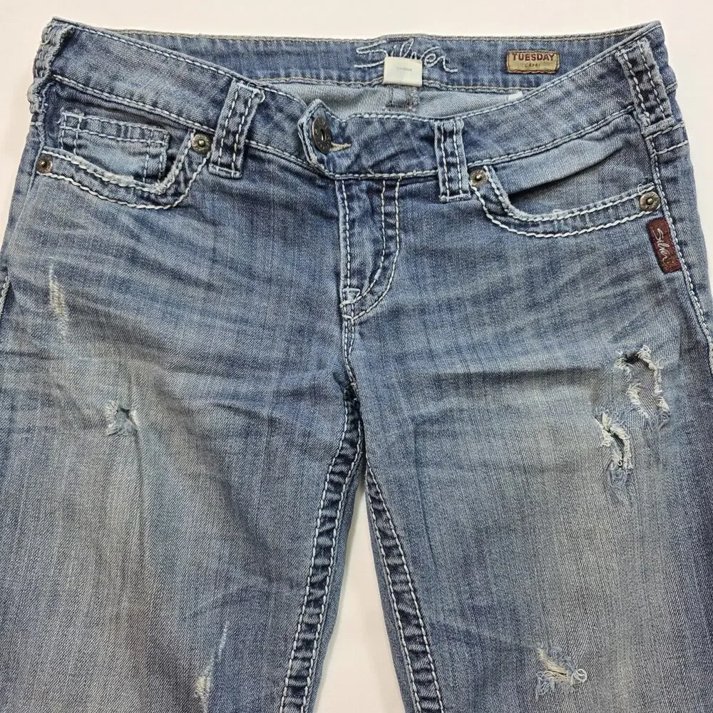 Silver Jeans Womens 29 Tuesday Capri Distressed Medium Wash Blue Denim - Picture 5 of 12